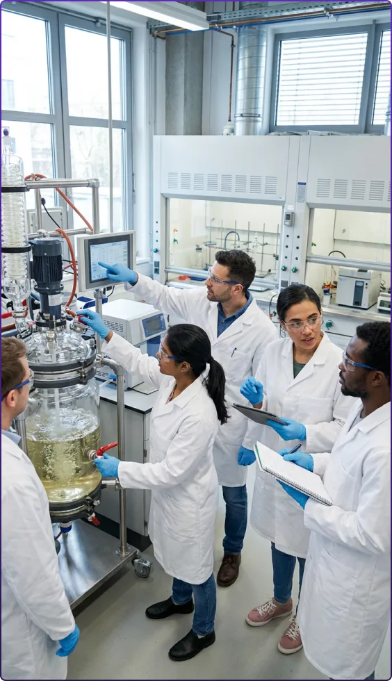 Researchers reviewing chemistry results in a laboratory